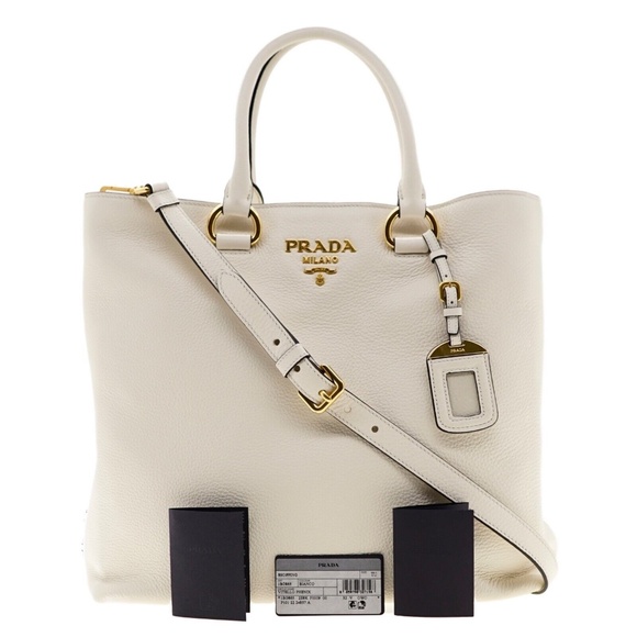 Prada Tote Large Shopping Shoulder Bag Vitello Phenix White Leather 1BG865 New - Picture 4 of 7